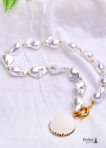 Boho Necklace, White Peal Sea Shell